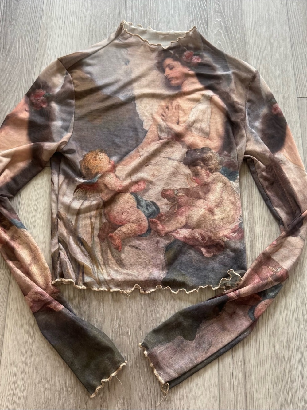 SHEIN Brown Vintage Angel Print Long Sleeve Mesh Top